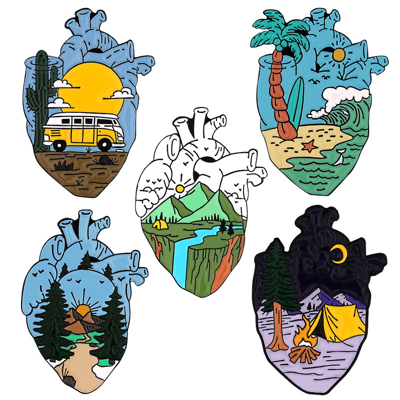 Outdoor Adventure Friends - Abenteuer-Herz-Emaille-Pins, Wüsten-Van, Strand, Camping, Landschaft, Broschen,